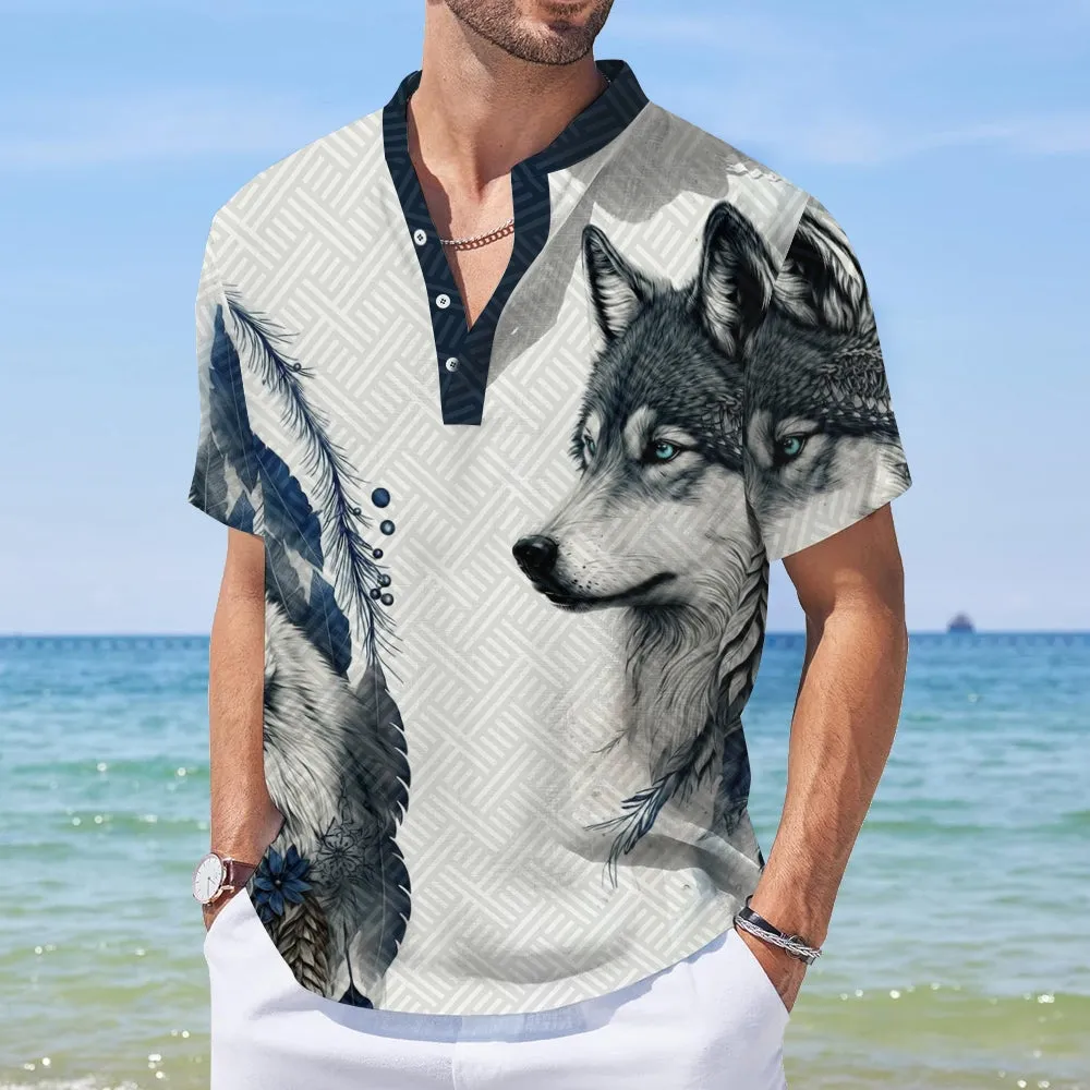 Comfortable Cotton And Linen Stand-Up Collar Half-Lapel Short-Sleeved Shirt 2405000685
