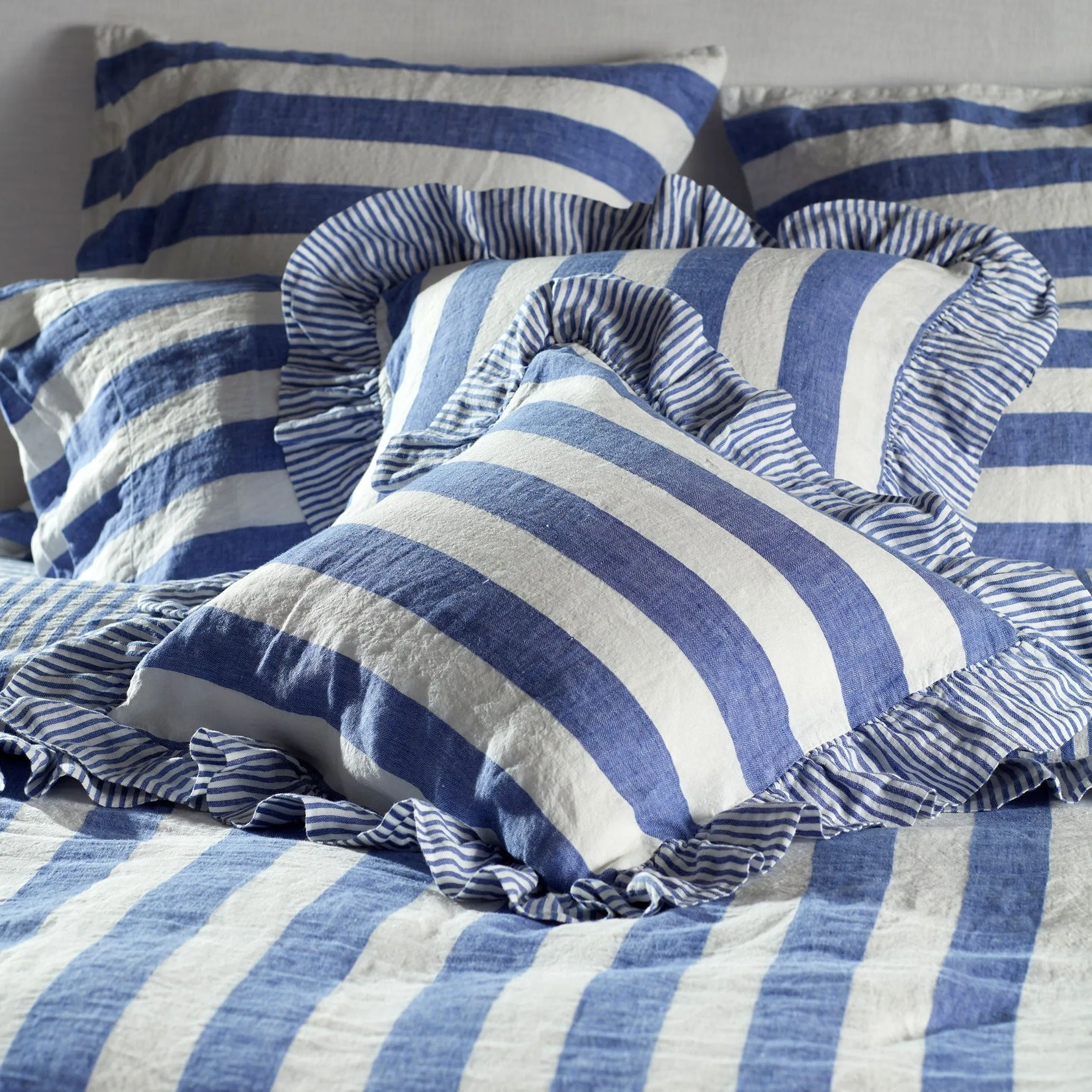 Cora Wide Stripe Linen Frill Edge Cushion Cover (Cobalt)