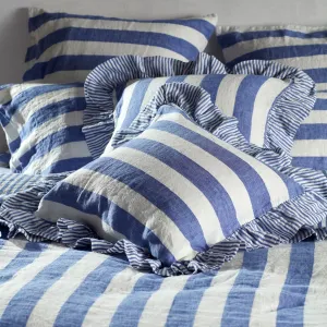 Cora Wide Stripe Linen Frill Edge Cushion Cover (Cobalt)