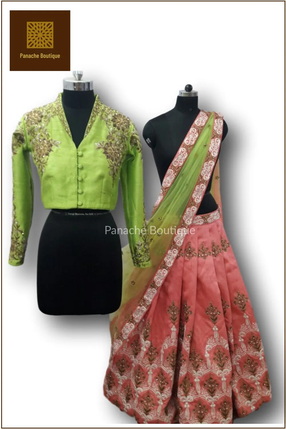 Coral and Lime Green Lehenga Choli