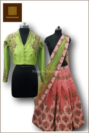 Coral and Lime Green Lehenga Choli