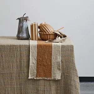 Cotton & Linen Table Runner w/ Stripe & Fringe, Natural & Brown
