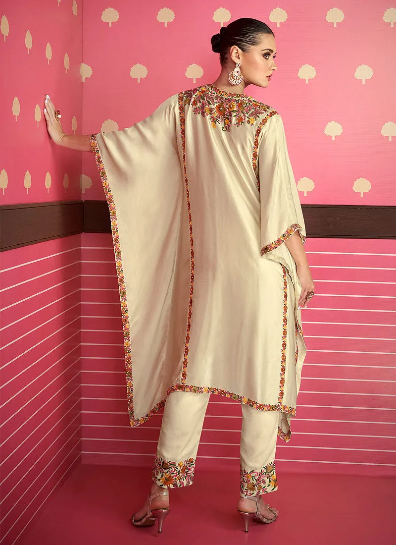 Cream Floral Embroidered Kaftan Style Suit