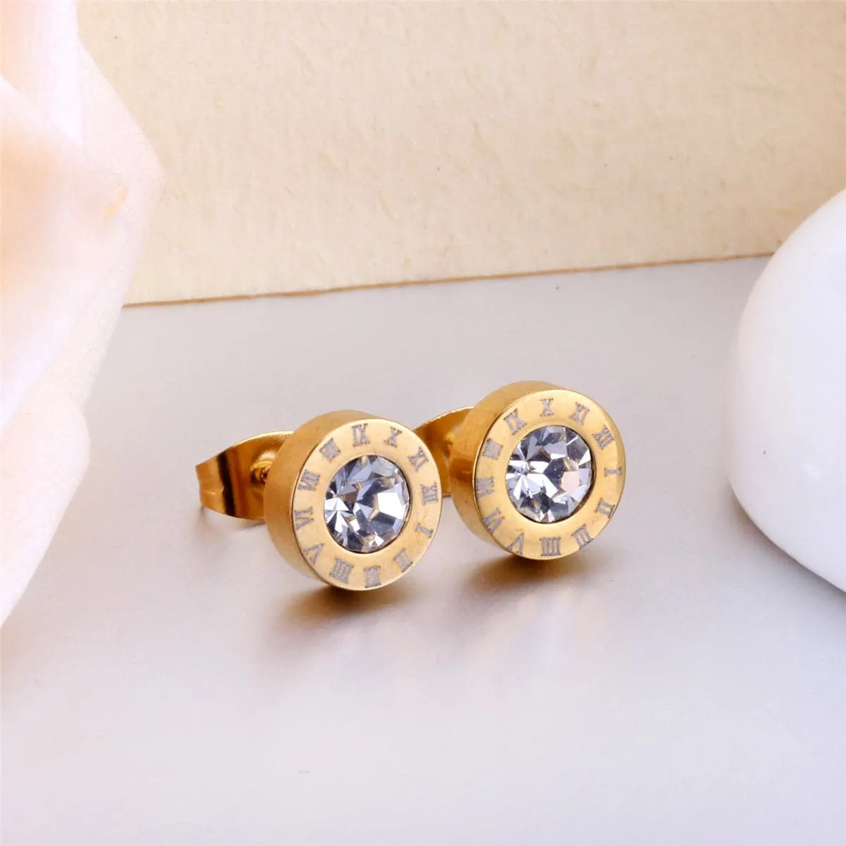 Cubic Zirconia & 18K Gold-Plated Round Roman Numeral Stud Earrings