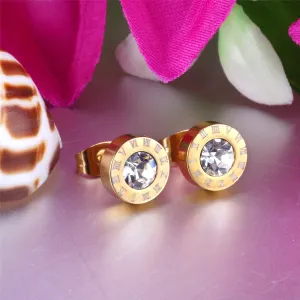 Cubic Zirconia & 18K Gold-Plated Round Roman Numeral Stud Earrings