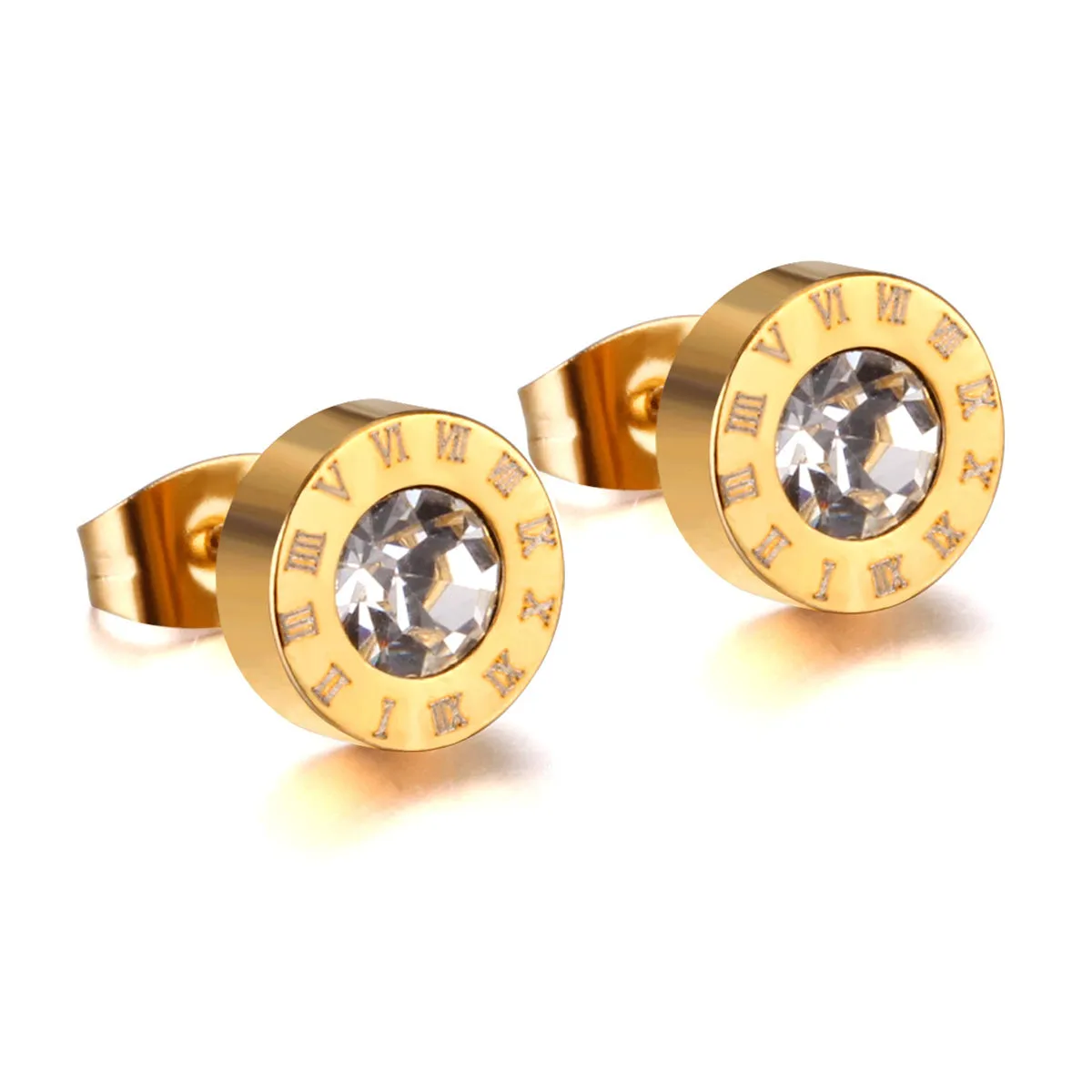 Cubic Zirconia & 18K Gold-Plated Round Roman Numeral Stud Earrings