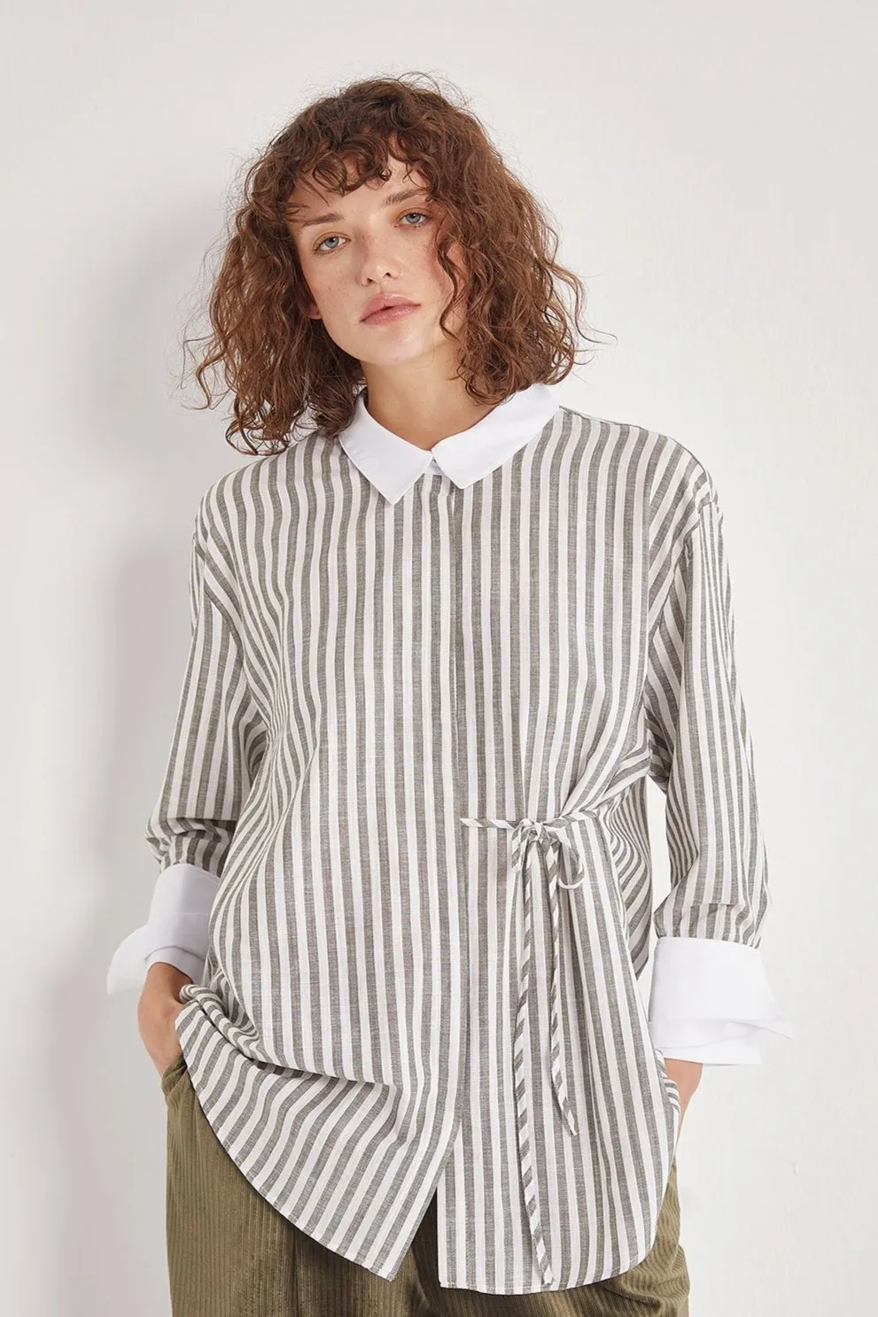 Cuff Detailed Cotton Shirt - Sage Green Stripe