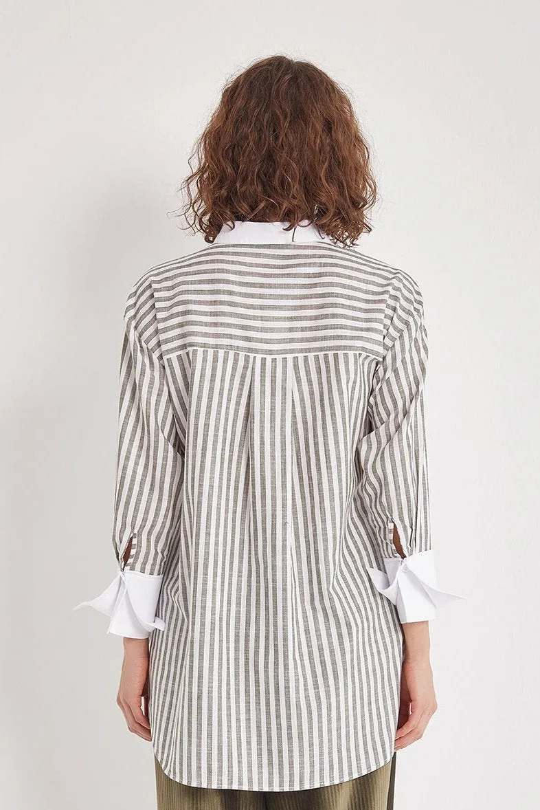 Cuff Detailed Cotton Shirt - Sage Green Stripe