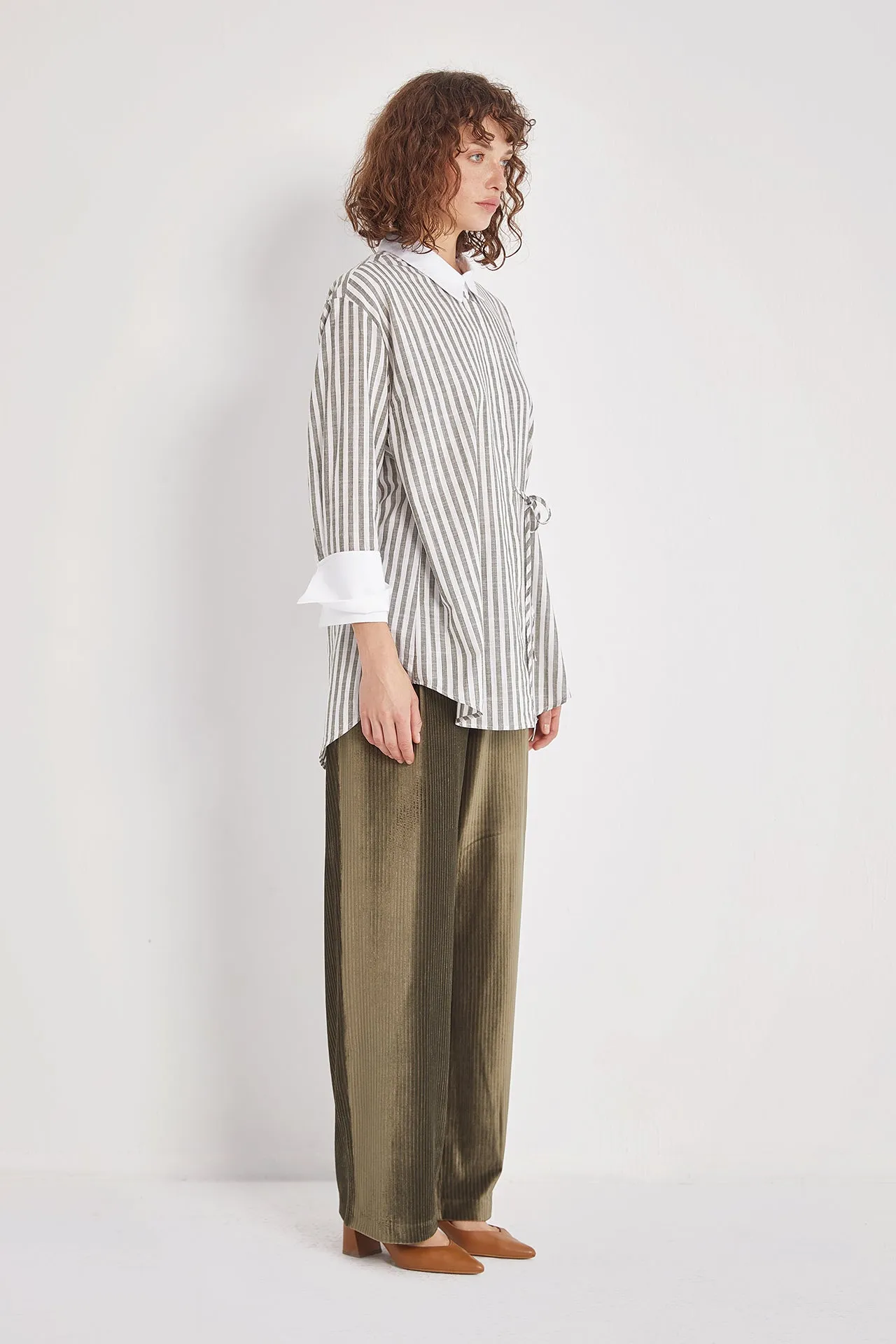 Cuff Detailed Cotton Shirt - Sage Green Stripe