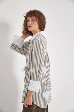 Cuff Detailed Cotton Shirt - Sage Green Stripe