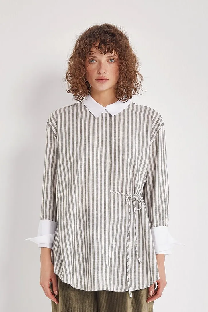 Cuff Detailed Cotton Shirt - Sage Green Stripe