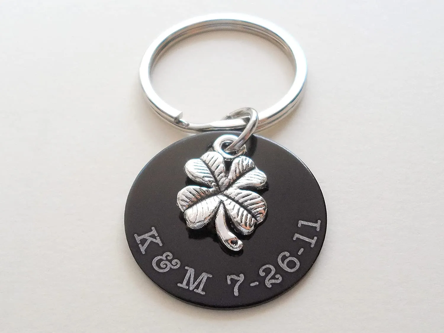 Custom Engraved Anodized Aluminum Disc Anniversary Keychain With Clover Charm, Couples Keychain