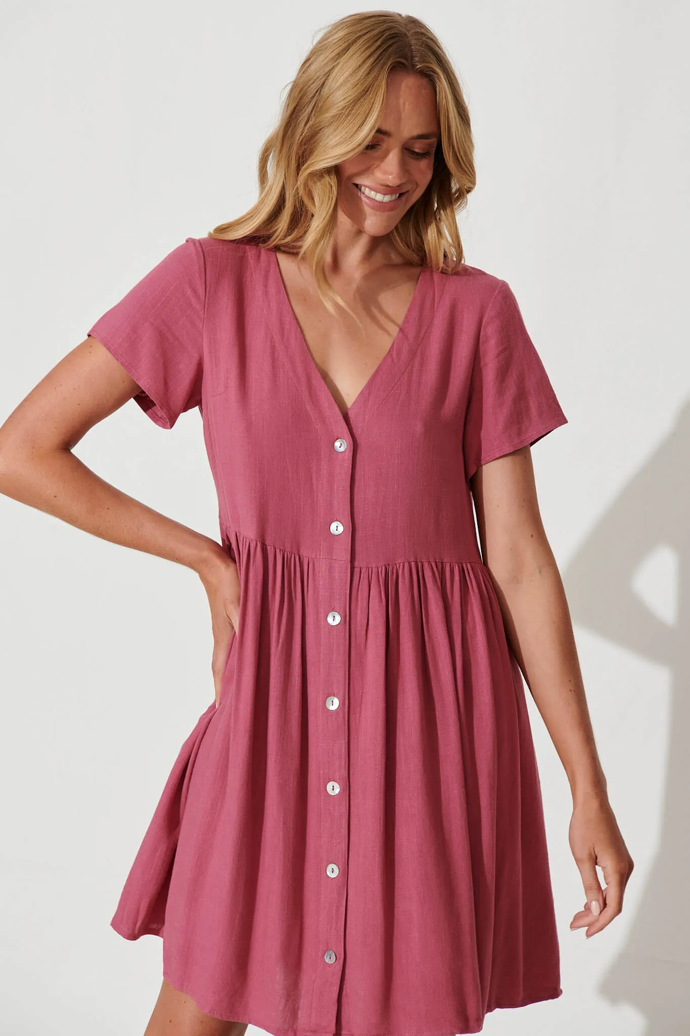 Deep Rose Linen Blend Smock Dress