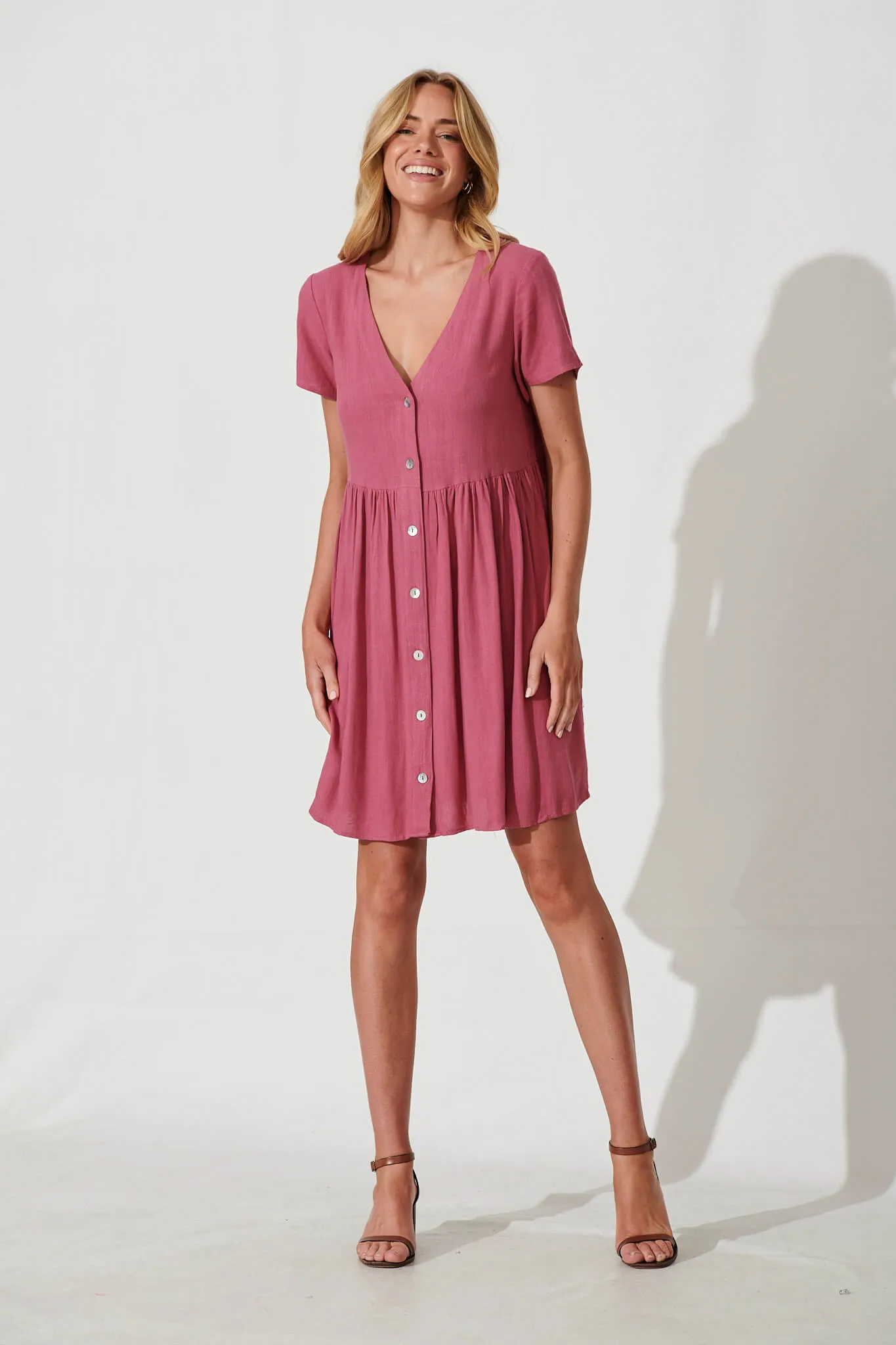 Deep Rose Linen Blend Smock Dress