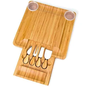 DGQ Thick Bamboo Cheese Board Natural Charcuterie Platter Serving Meat Board with With Cutlery Set In Slide-Out Drawer Including 4 Stainless Steel Knife and Serving Utensils