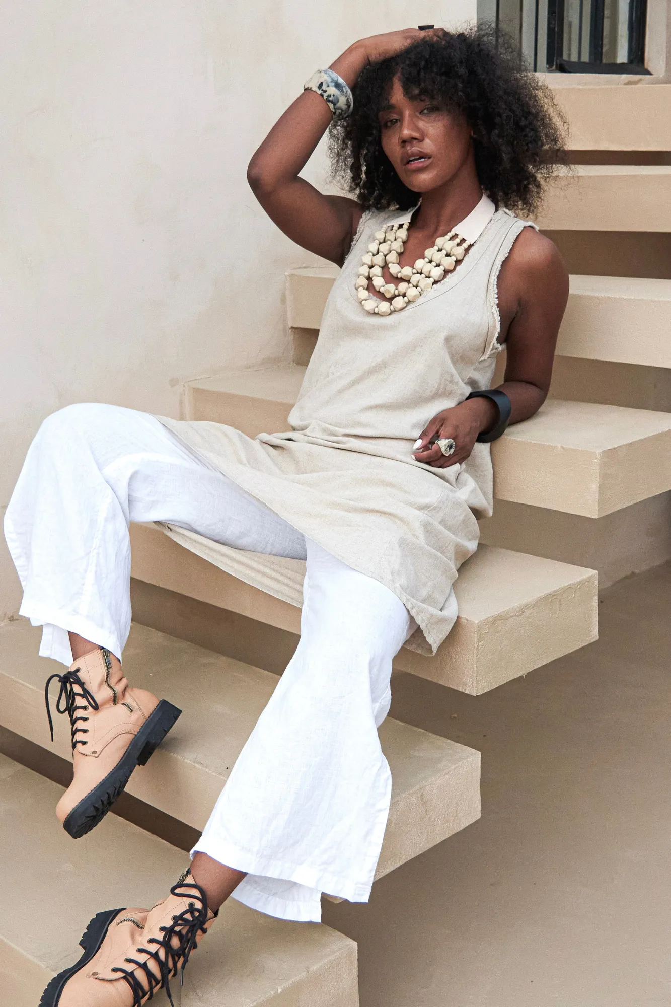 'Dominique' Linen Dress - Natural
