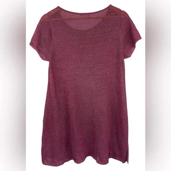 Eileen Fisher Linen Blend Stretch Scoop Neck Short Sleeve Tunic Sweater Size M