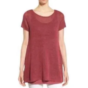 Eileen Fisher Linen Blend Stretch Scoop Neck Short Sleeve Tunic Sweater Size M