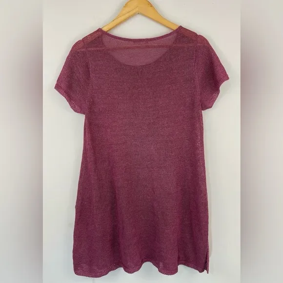 Eileen Fisher Linen Blend Stretch Scoop Neck Short Sleeve Tunic Sweater Size M