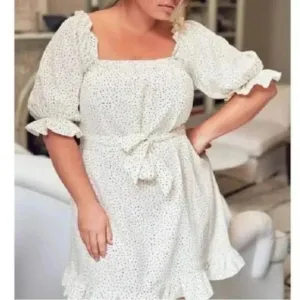 ELOQUII Plus Linen Blend Smocked Ruffle MiniDress Polka Dot 14/16