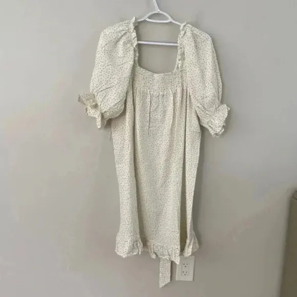 ELOQUII Plus Linen Blend Smocked Ruffle MiniDress Polka Dot 14/16