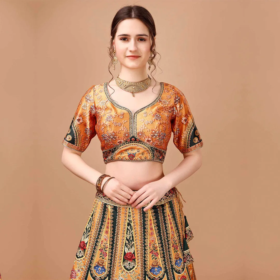 Emarald Green and Yellow Banarsi Lehenga Set