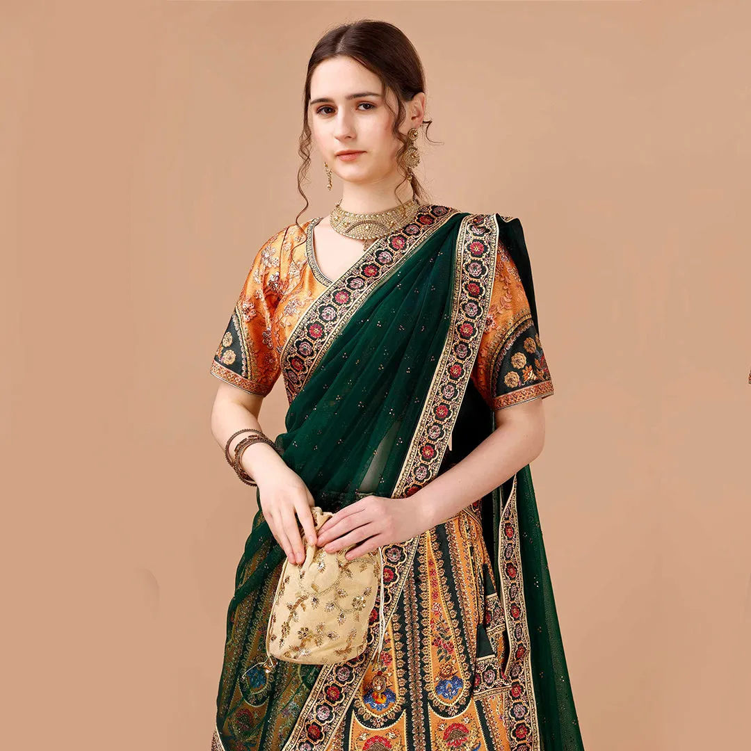 Emarald Green and Yellow Banarsi Lehenga Set