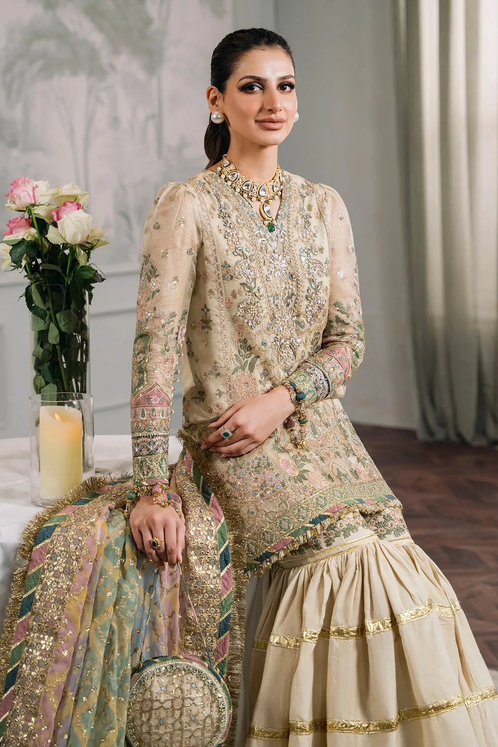 Embroidered Masoori 3pc Ensemble in Skin Color