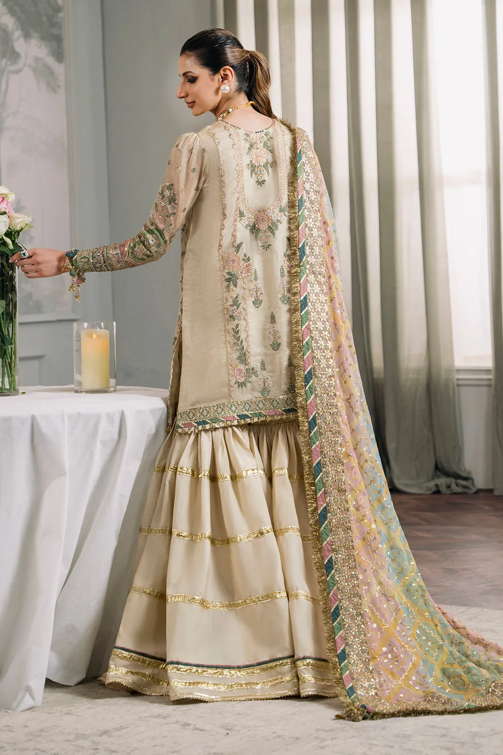 Embroidered Masoori 3pc Ensemble in Skin Color
