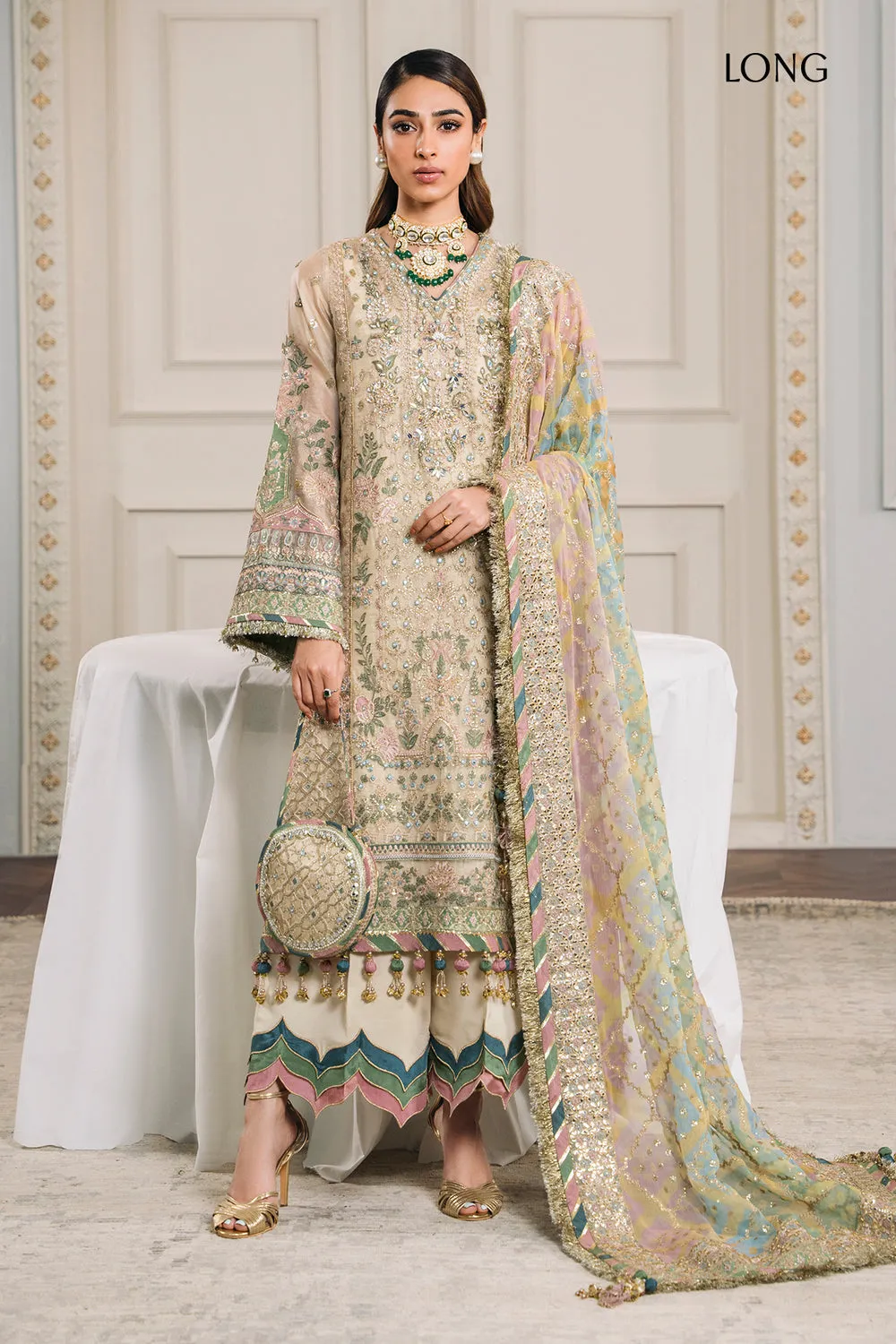 Embroidered Masoori 3pc Ensemble in Skin Color