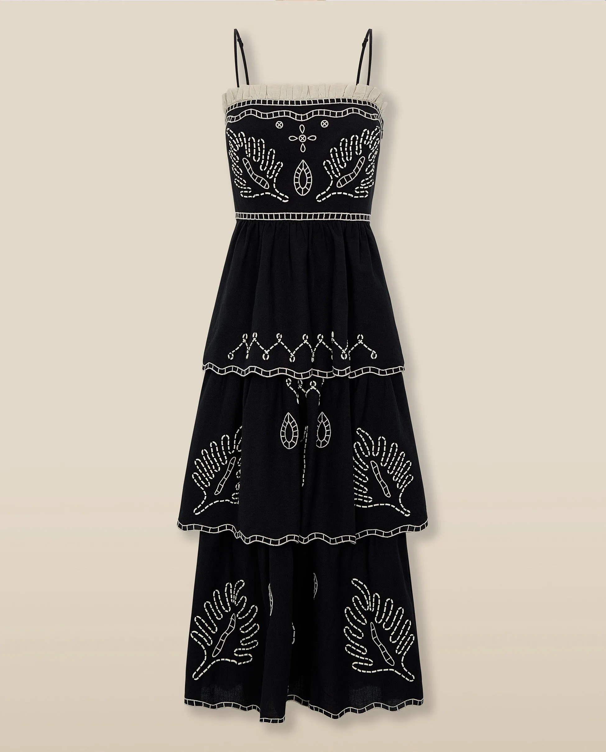EMMA | Black Embroidered Cotton Linen Tiered Midi Dress