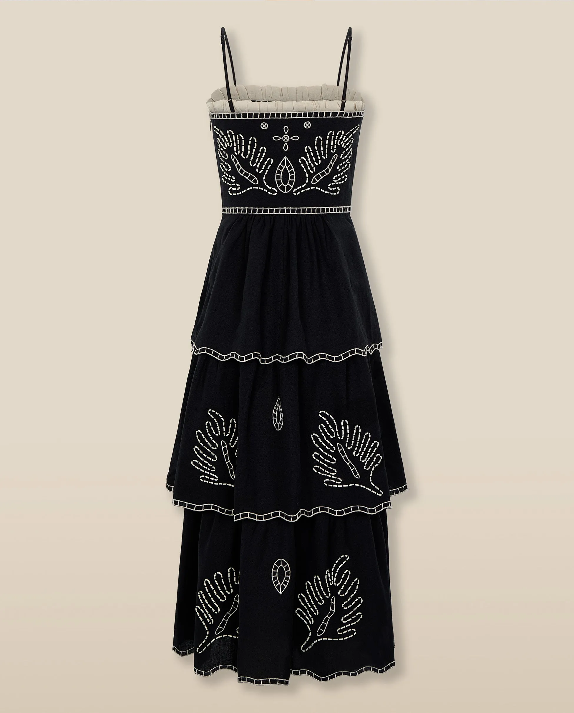 EMMA | Black Embroidered Cotton Linen Tiered Midi Dress