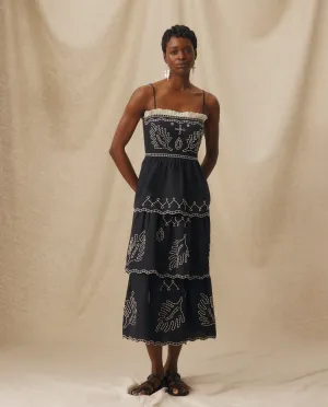 EMMA | Black Embroidered Cotton Linen Tiered Midi Dress