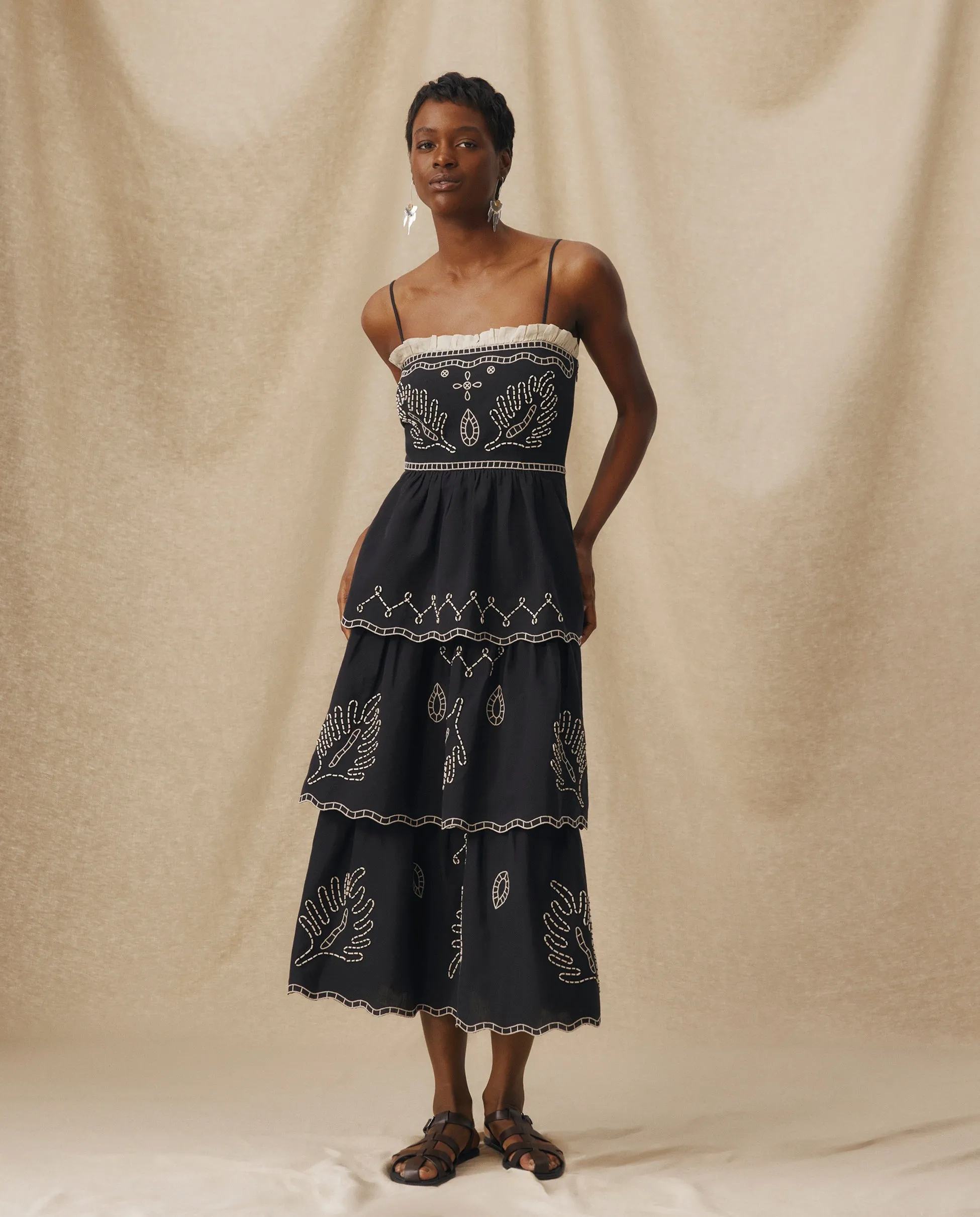 EMMA | Black Embroidered Cotton Linen Tiered Midi Dress