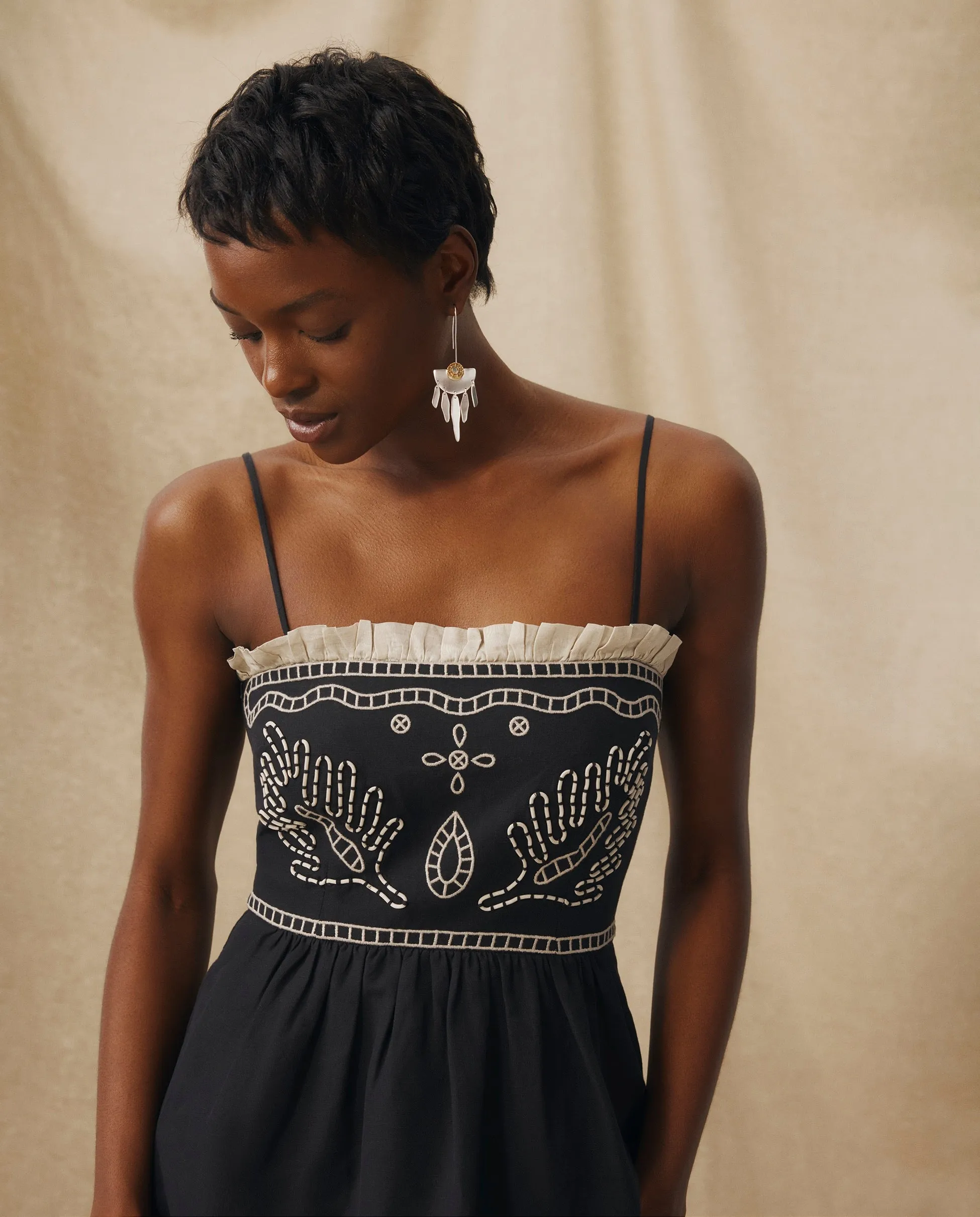 EMMA | Black Embroidered Cotton Linen Tiered Midi Dress
