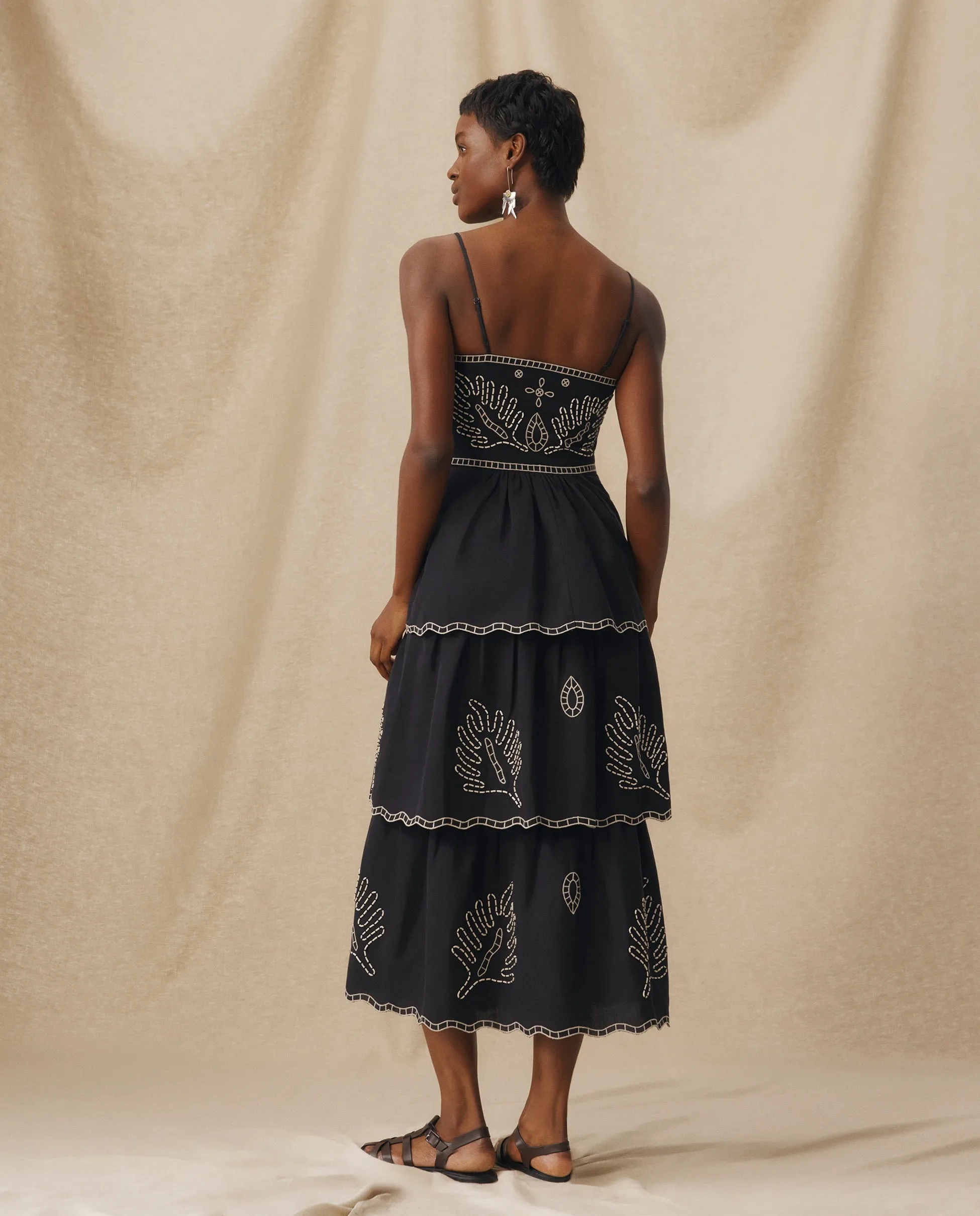 EMMA | Black Embroidered Cotton Linen Tiered Midi Dress