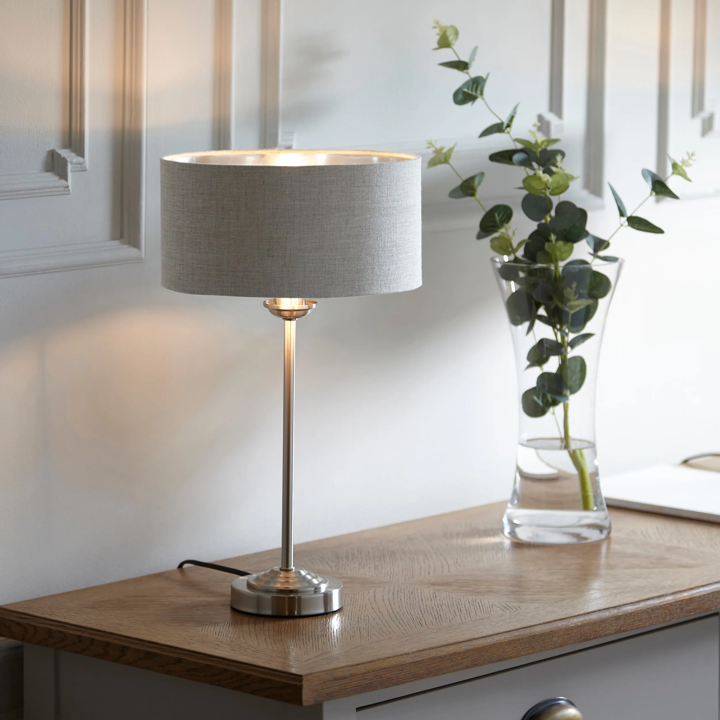 Endon 100646 Highclere 1lt Table Brushed chrome plate & natural linen 7W LED E14 (Required)