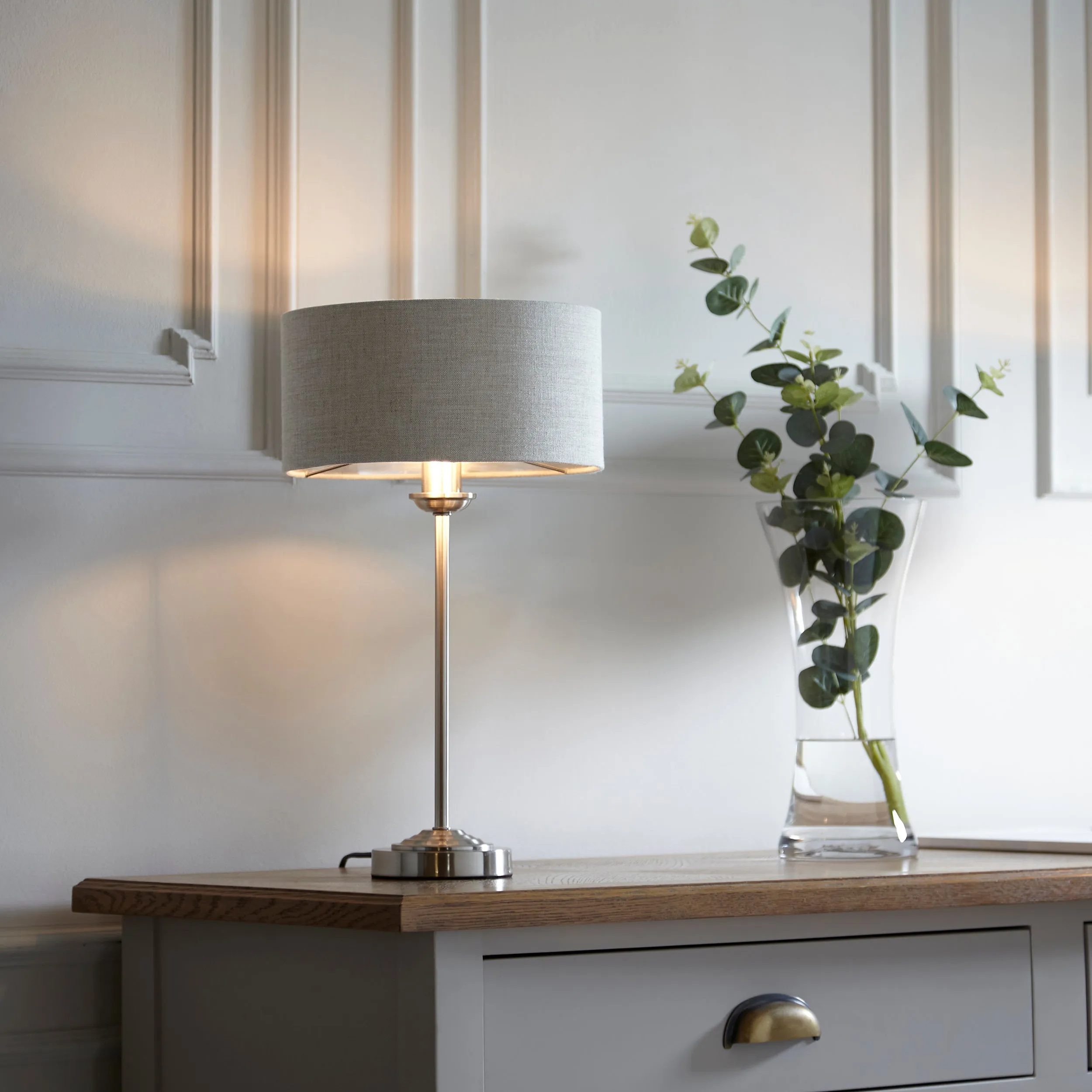 Endon 100646 Highclere 1lt Table Brushed chrome plate & natural linen 7W LED E14 (Required)