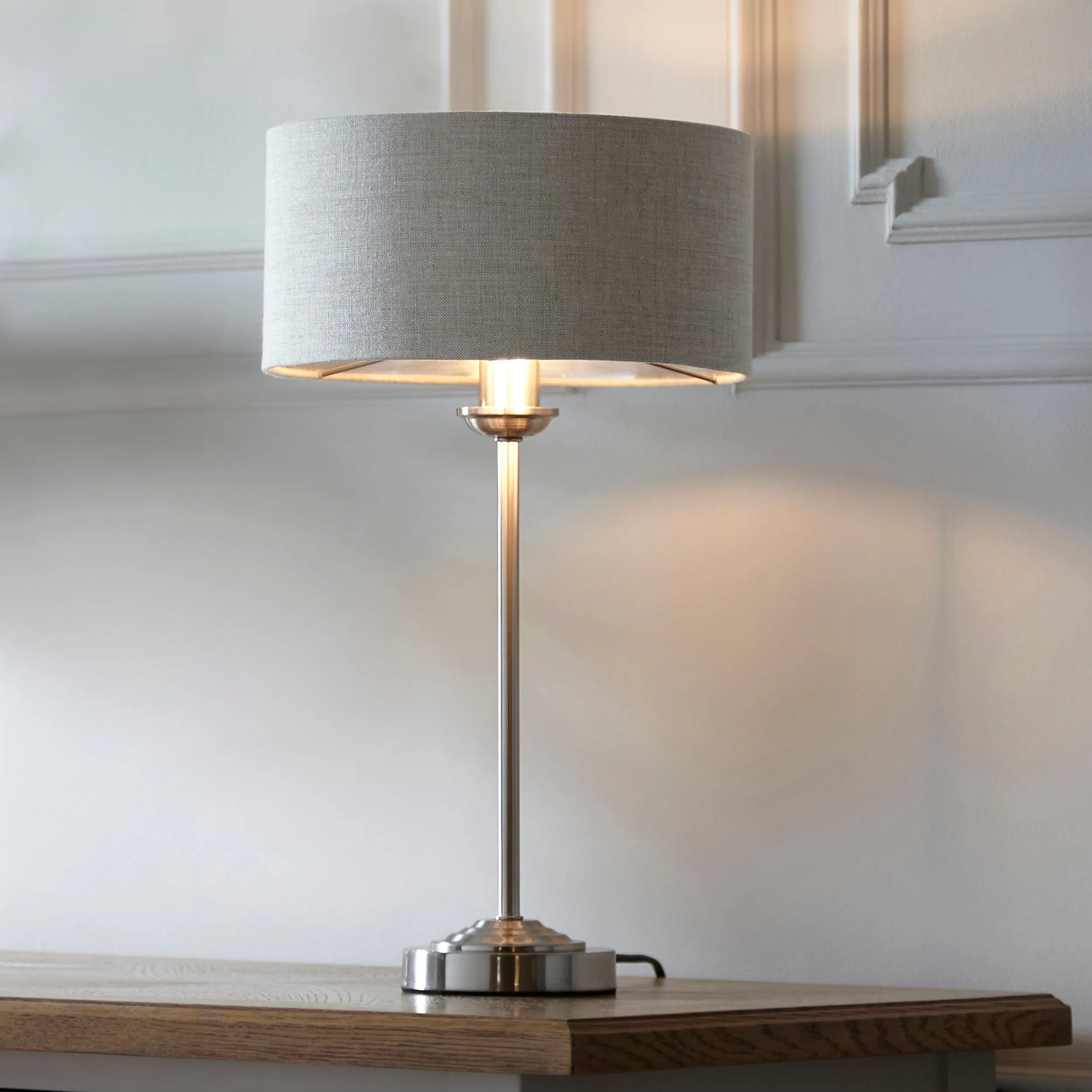 Endon 100646 Highclere 1lt Table Brushed chrome plate & natural linen 7W LED E14 (Required)