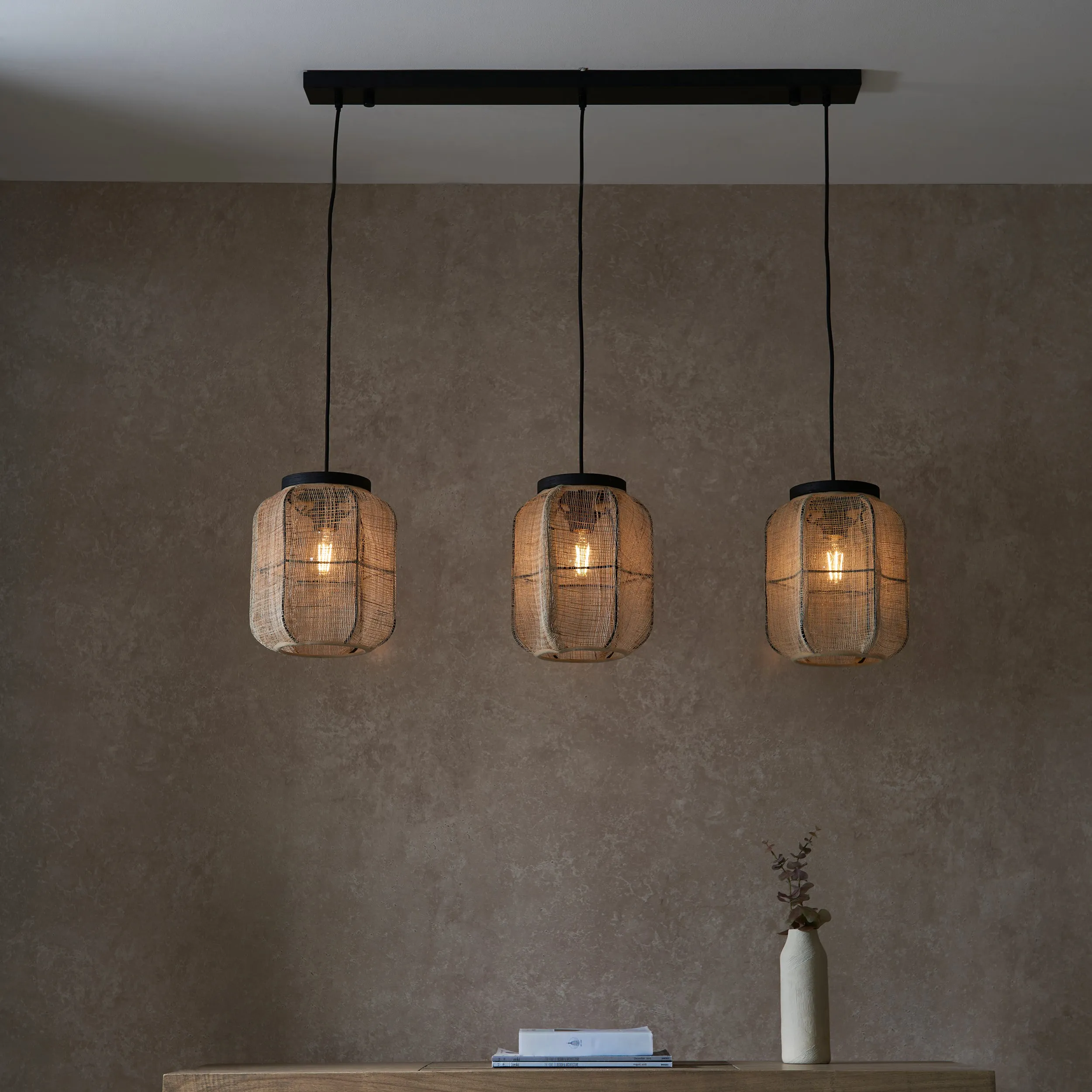 Endon 101779 Zaire 3lt Pendant Natural linen, dark plywood & matt black 3 x 10W LED E27 (Required)