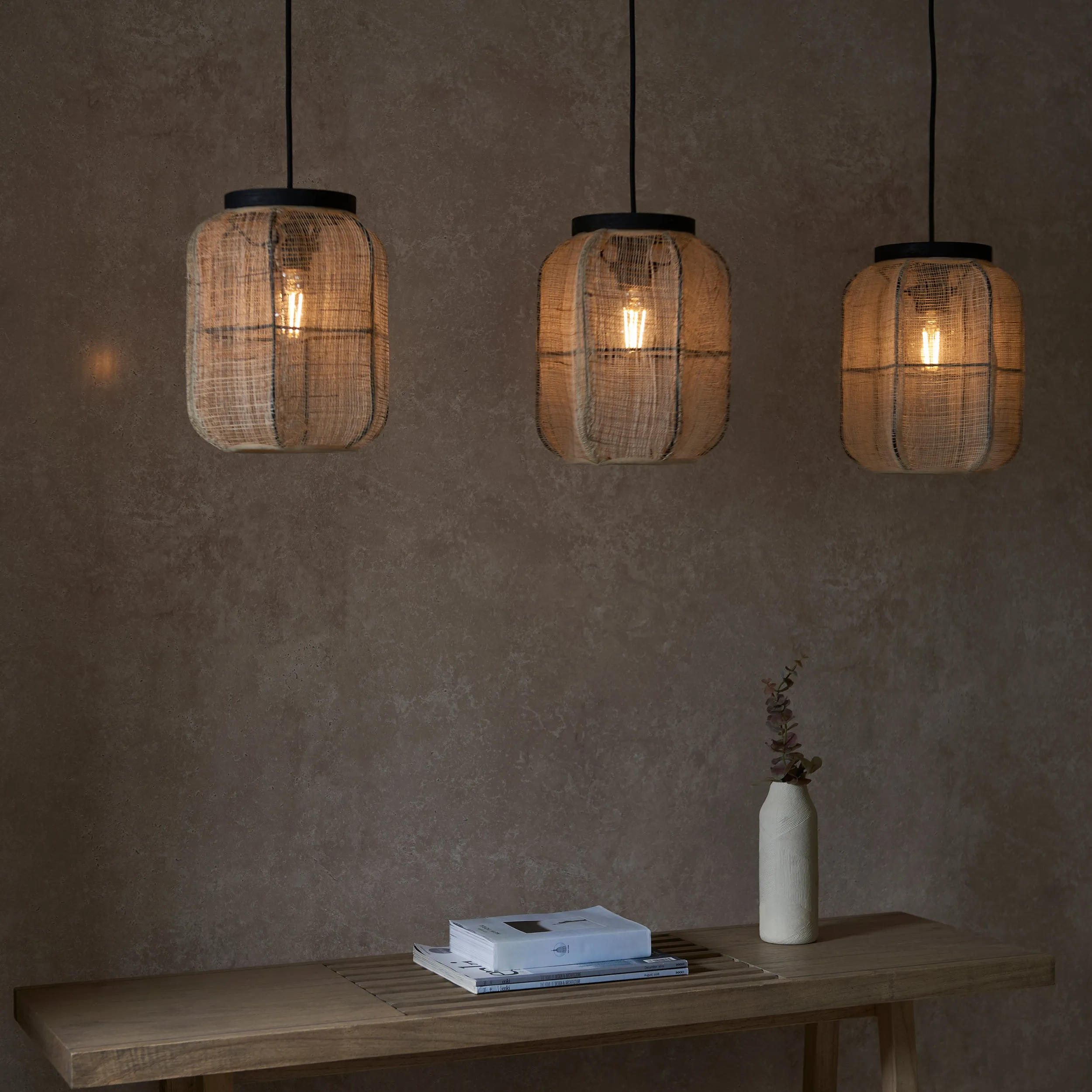 Endon 101779 Zaire 3lt Pendant Natural linen, dark plywood & matt black 3 x 10W LED E27 (Required)
