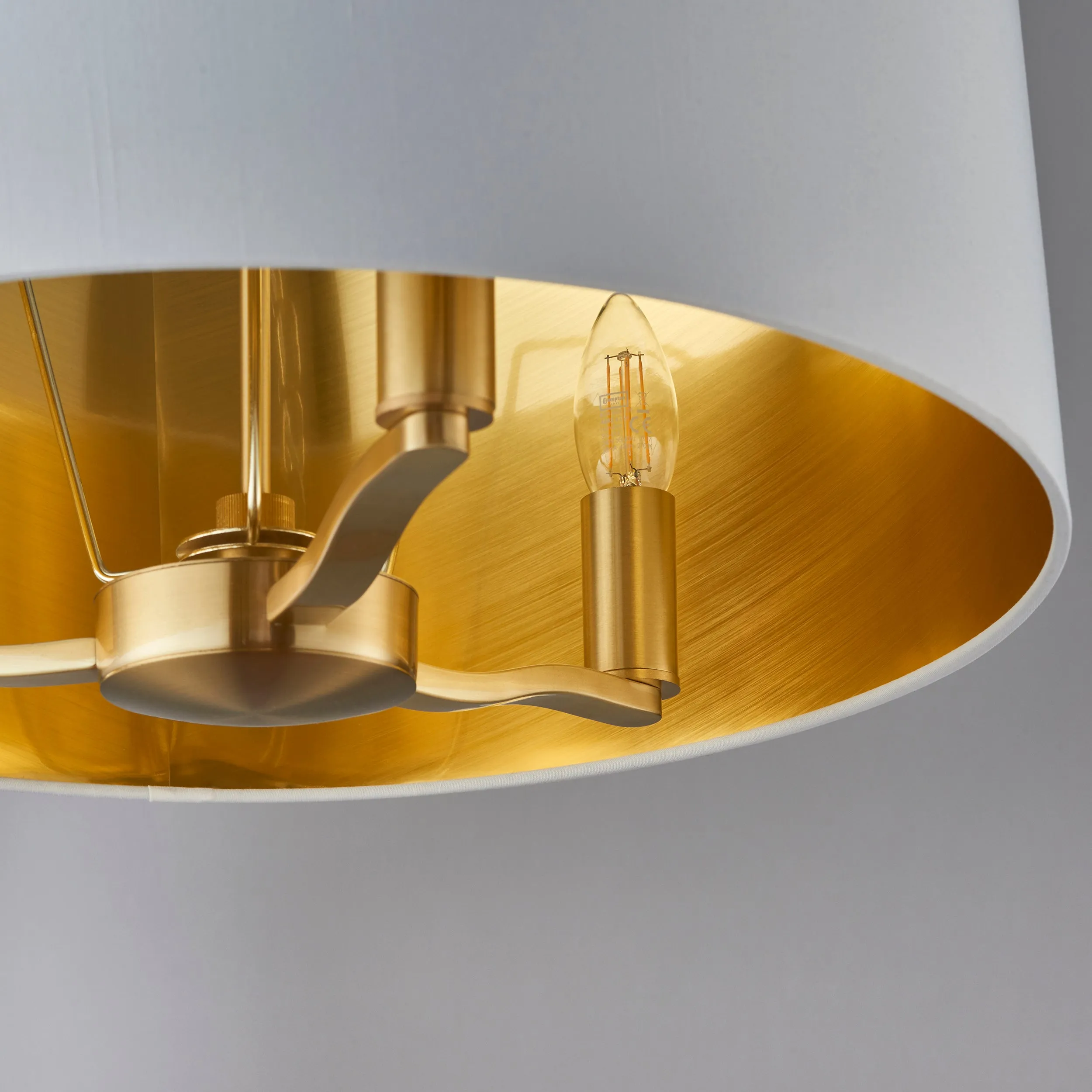Endon 67667 Harvey 3lt Pendant Brushed satin gold finish & vintage white fabric 3 x 40W E14 candle (Required)