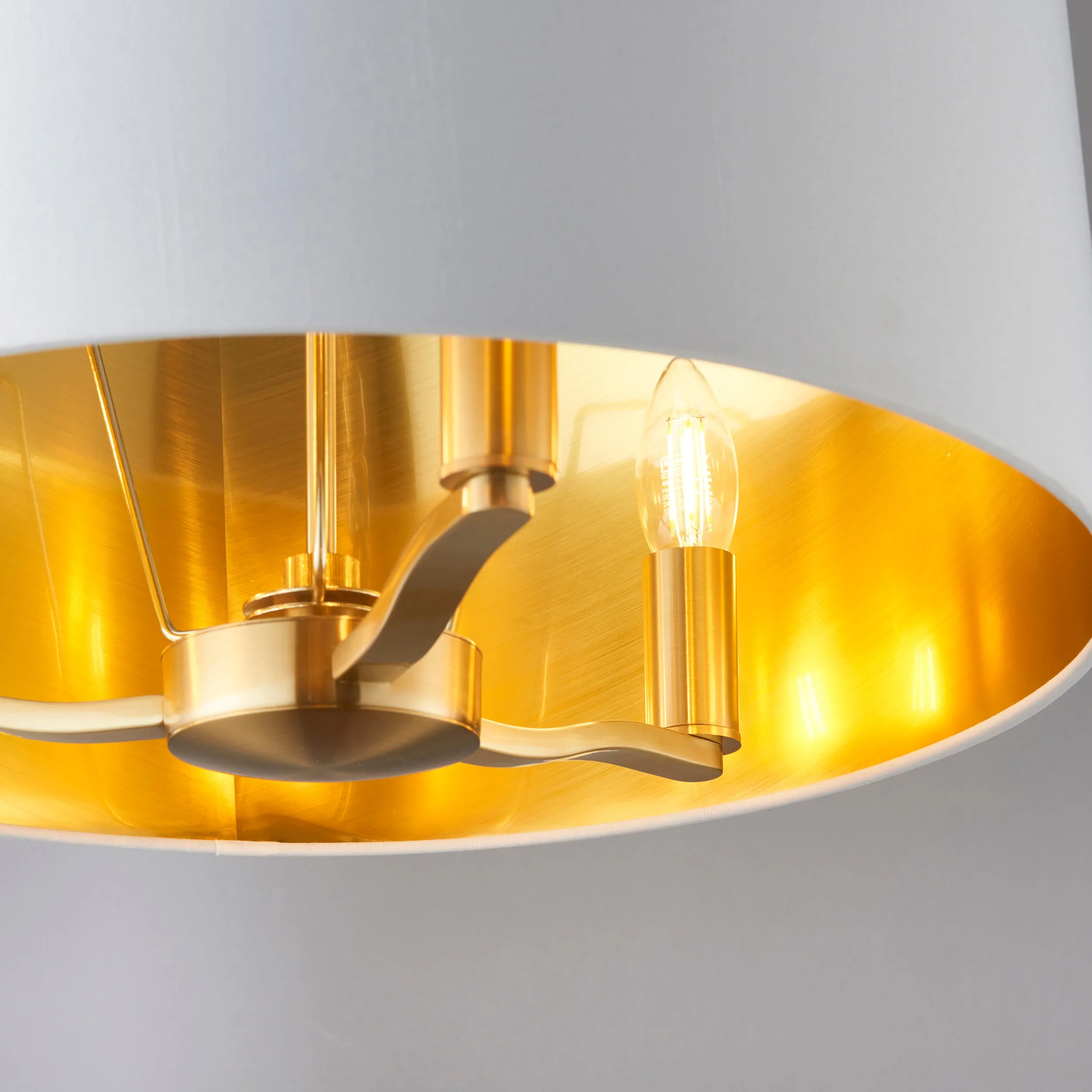 Endon 67667 Harvey 3lt Pendant Brushed satin gold finish & vintage white fabric 3 x 40W E14 candle (Required)