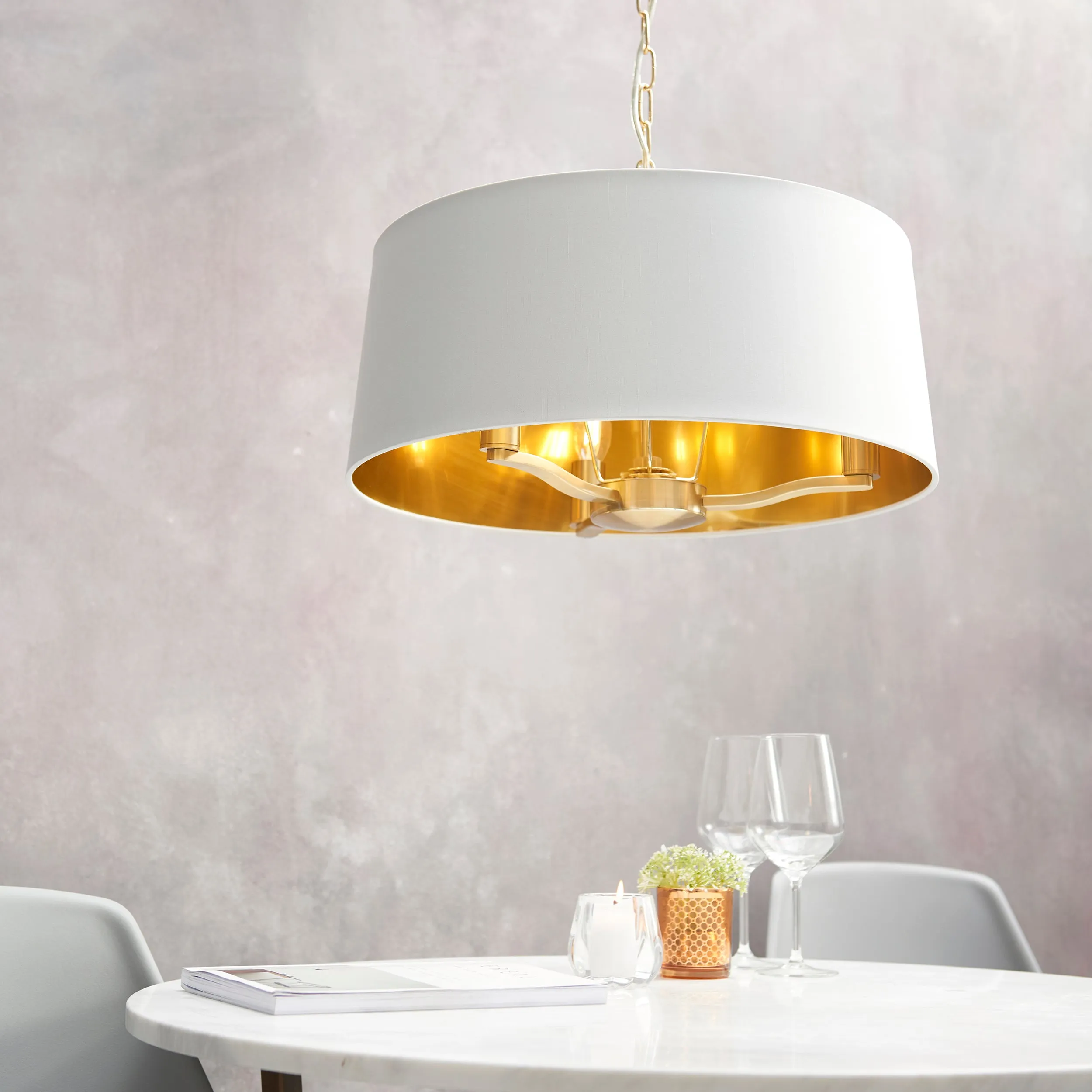 Endon 67667 Harvey 3lt Pendant Brushed satin gold finish & vintage white fabric 3 x 40W E14 candle (Required)