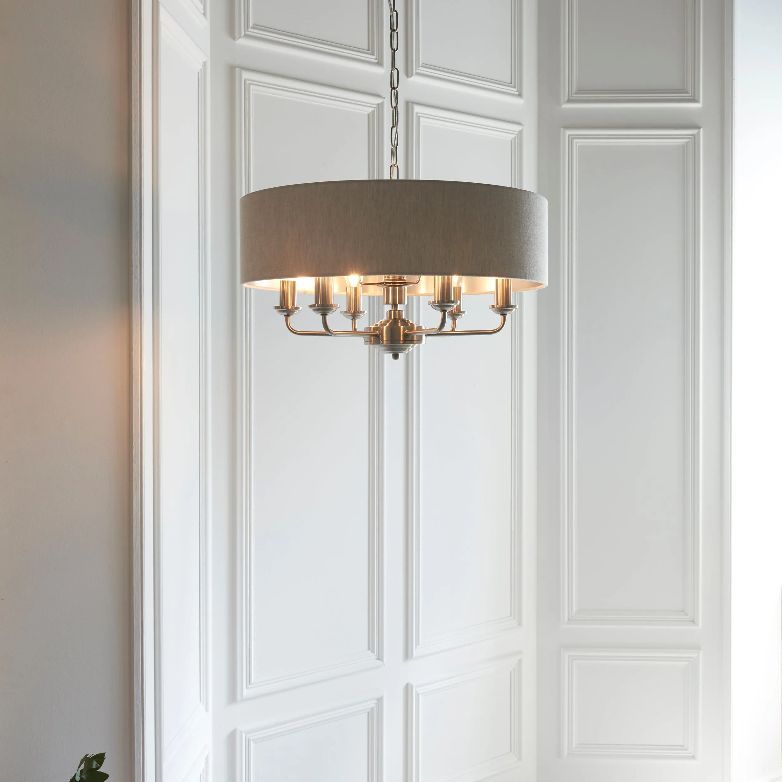 Endon 94357 Highclere 6lt Pendant Brushed chrome plate & natural linen 6 x 40W E14 candle (Required)