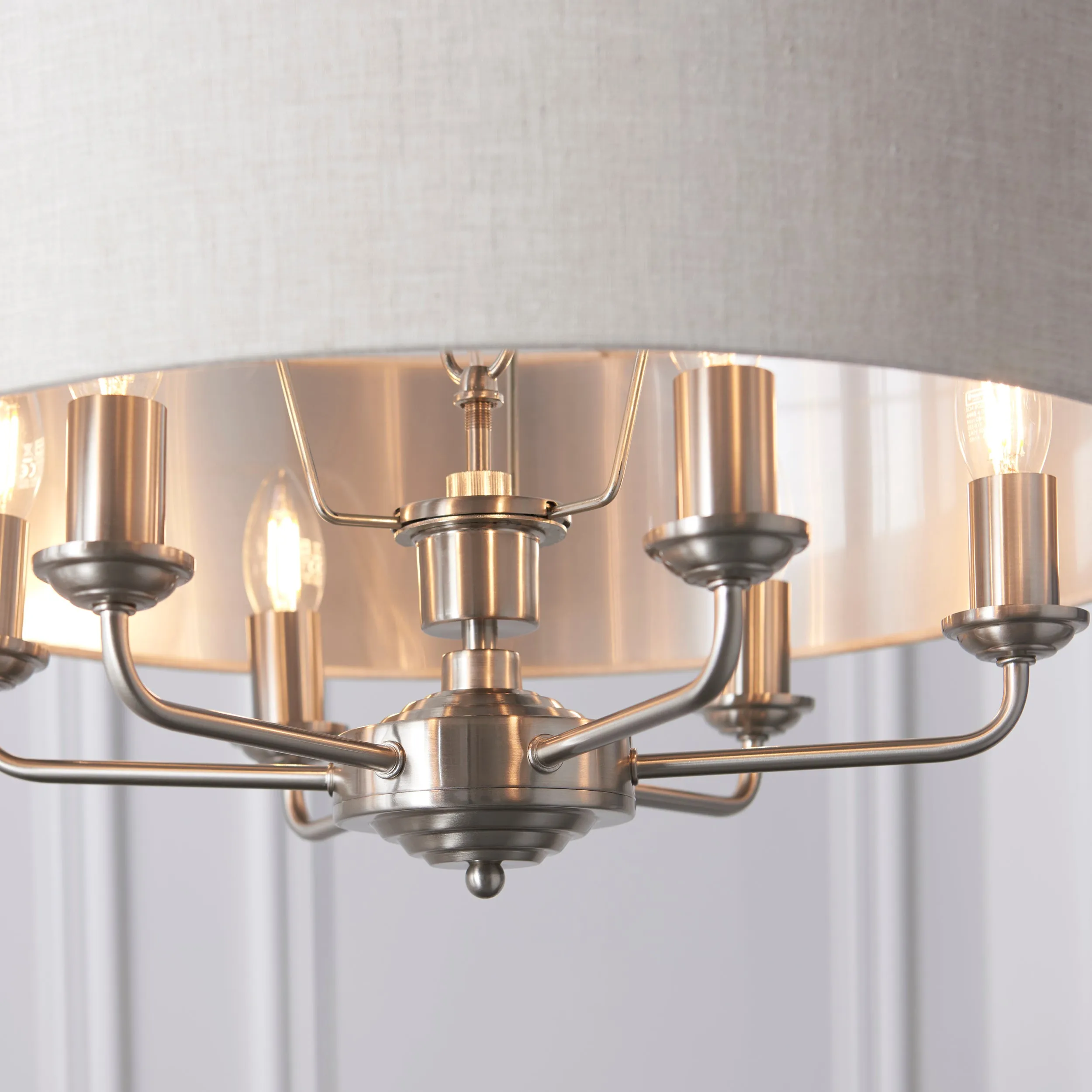 Endon 94357 Highclere 6lt Pendant Brushed chrome plate & natural linen 6 x 40W E14 candle (Required)