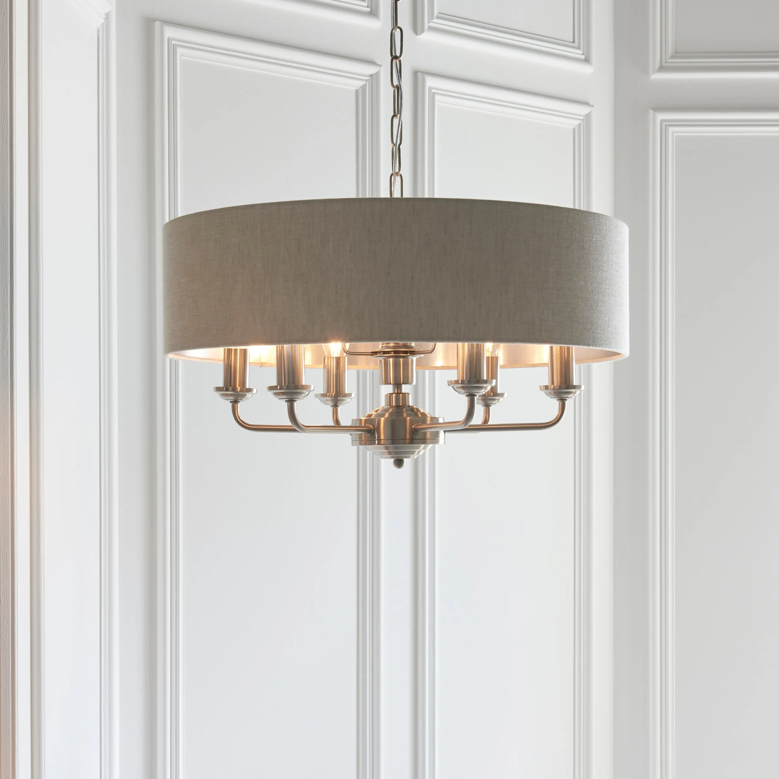 Endon 94357 Highclere 6lt Pendant Brushed chrome plate & natural linen 6 x 40W E14 candle (Required)