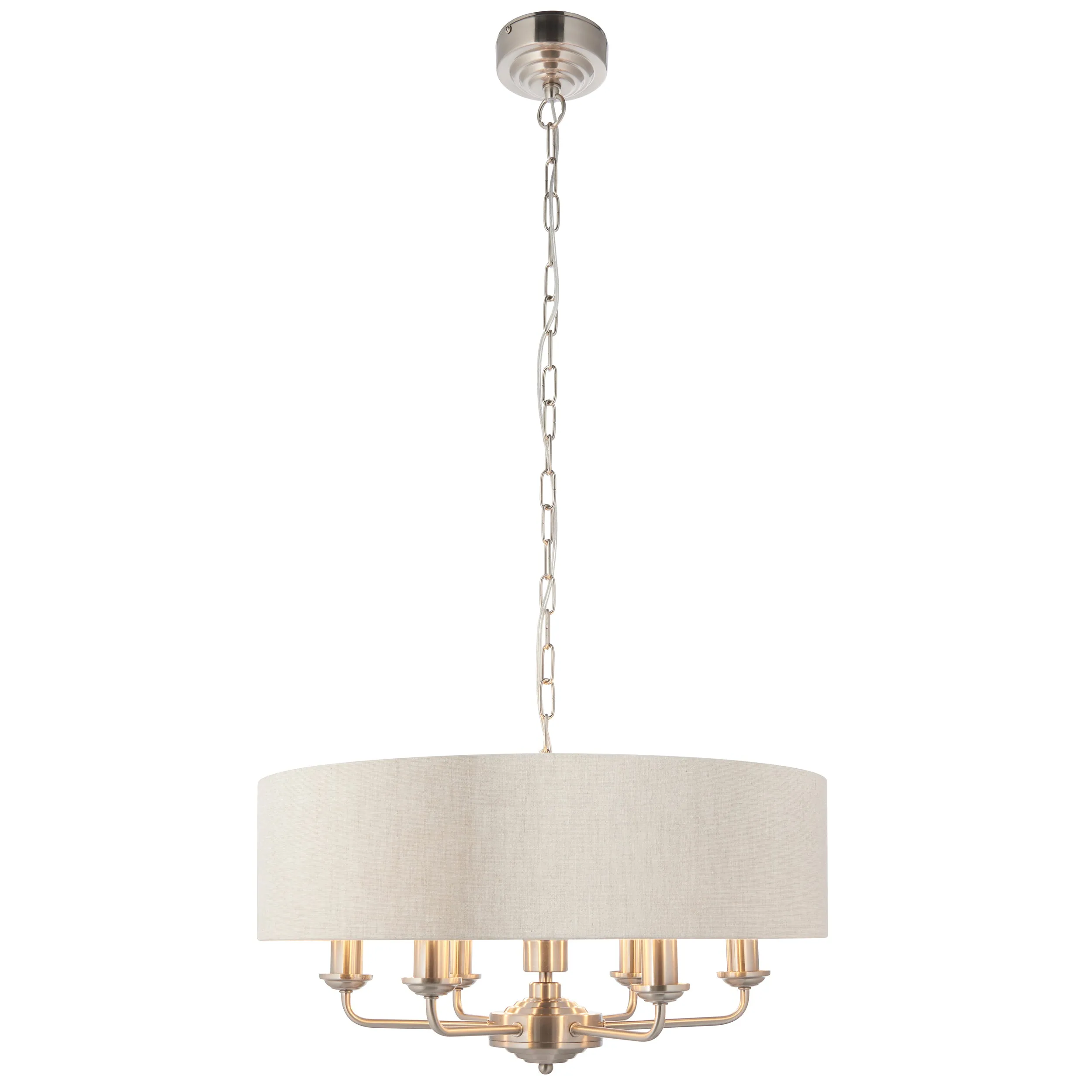 Endon 94357 Highclere 6lt Pendant Brushed chrome plate & natural linen 6 x 40W E14 candle (Required)