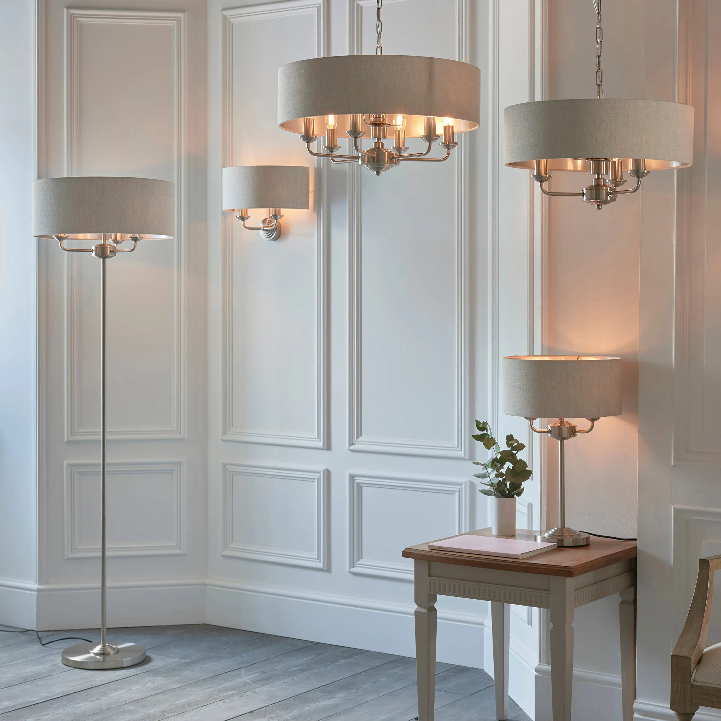 Endon 94359 Highclere 3lt Floor Brushed chrome plate & natural linen 3 x 40W E14 candle (Required)