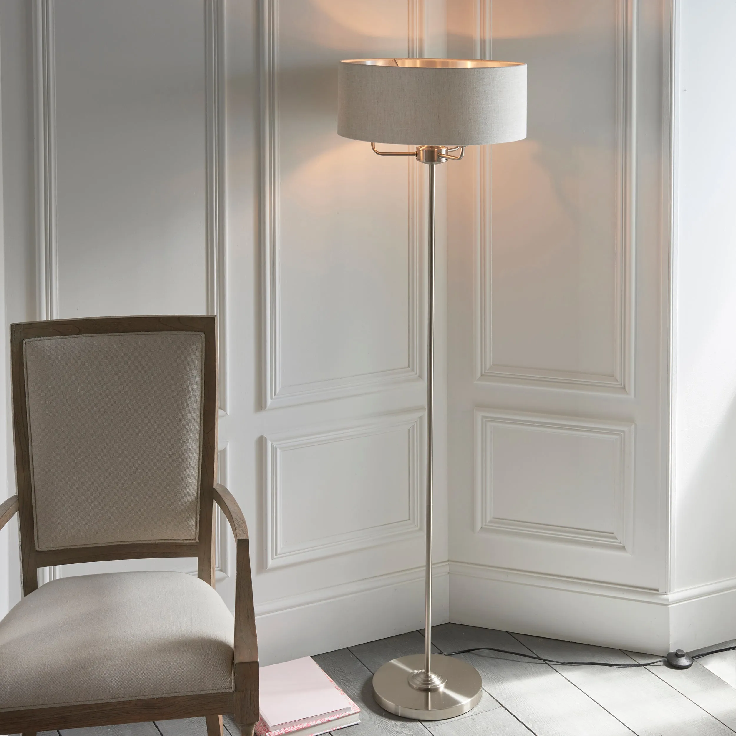 Endon 94359 Highclere 3lt Floor Brushed chrome plate & natural linen 3 x 40W E14 candle (Required)